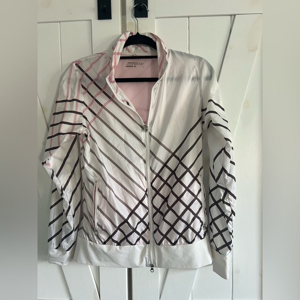 Nike Women's White Light Wind Jacket with Pink, Brown and Tan Stripes